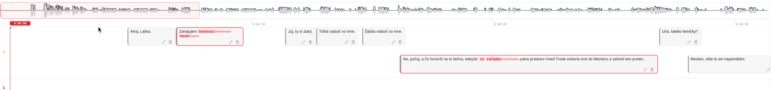 Celkový pohľad na časovú os: segmenty rozdelené do dráh podľa rečníkov.