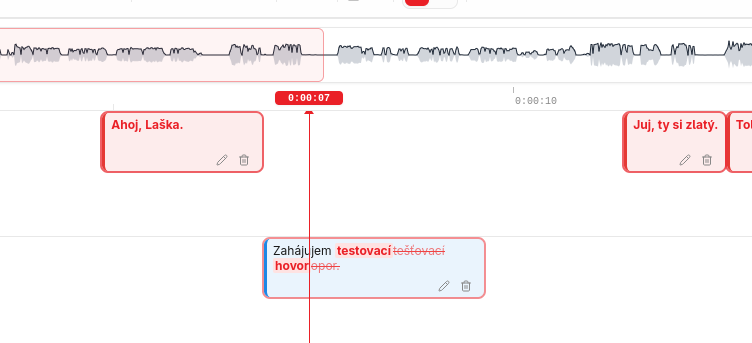 Editor časovej osi: segmenty na vlnovom priebehu s červeným ukazovateľom a korekčnými značkami.