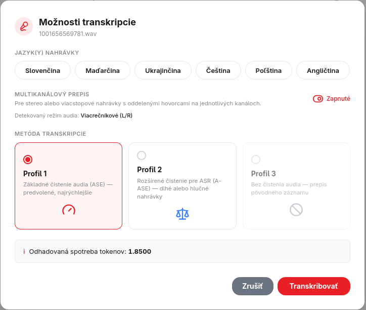 Okno Možnosti transkripcie: výber jazykov, multikanálový prepis, profily 1–3 a odhad tokenov.